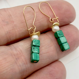 Exotic! Malachite Cube Beads Pearl 14K Gold Filled Earrings! | 1 3/8 inch Long |