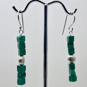 Exotic! Malachite Cube Beads Sterling Silver Earrings! | 1 7/8 inch Long |
