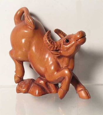 Hard Working Carved & Signed Ox Boxwood Statue - PremiumBead Primary Image 1