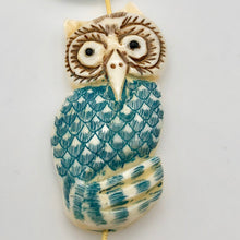 Load image into Gallery viewer, Wisdom Carved Bone 49x23x8mm Owl Bead 10583 | 49x23x8mm | Cream, Blue and Brown - PremiumBead Primary Image 1
