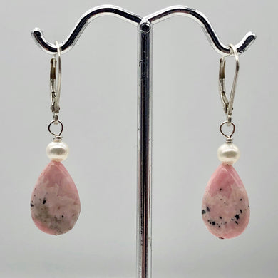 Teardrop Rhodochrosite and Pearl Drop Sterling Silver Earrings | 1 1/2