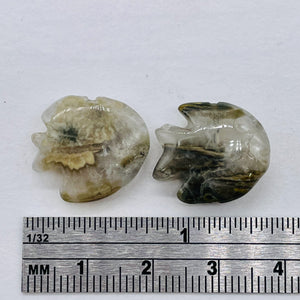 2 Hand Carved Ocean Jasper Fish Beads | 24x20x5mm-17x18x7mm | Green and Grey
