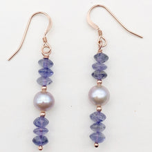 Load image into Gallery viewer, Vibrant Faceted Iolite and Pearl Dangling Earrings |Rose Gold | 1 3/4&quot; Long |
