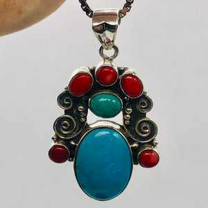 Turquoise Coral Native American Sterling Silver Pendant| 2 1/2" Long| Blue]Red |