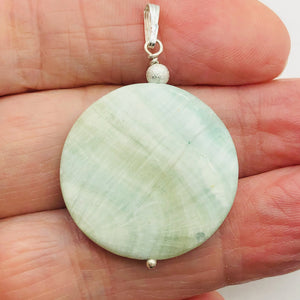 Wavy Hemimorphite Disc Dangle Sterling Silver Pendant| 1 3/4" Long| Aqua/Green |