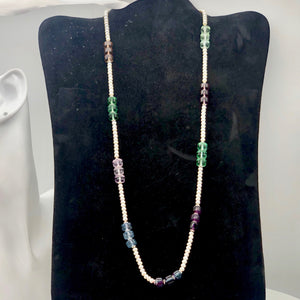 Elegant Tri-Color Fluorite Fresh Water Pearl Sterling Silver Necklace| 26 -28" |