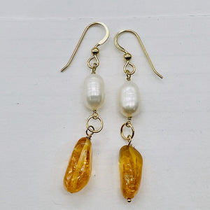 Topaz Pearl 14K Gold Filled Dangle Earrings | 2 1/4" Long | Orange White | 1 |