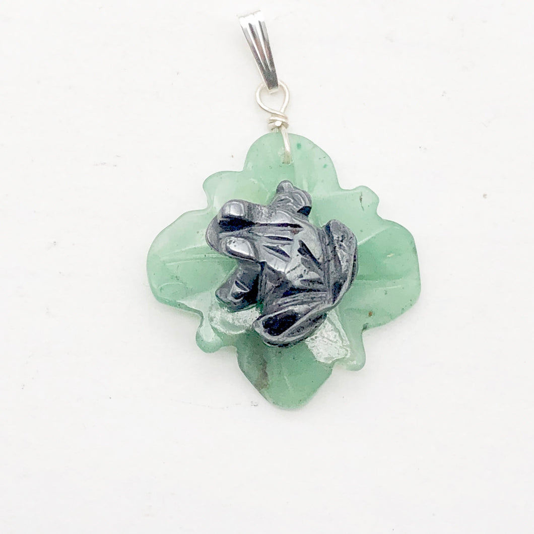 Ribbit Hematite Frog On Aventurine Lily Pad Stering Silver Pendant| 1 5/8