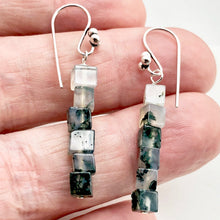 Load image into Gallery viewer, Sterling Silver Moss Agate Cube Bead Earrings | 2 inches long | Green/Clear |
