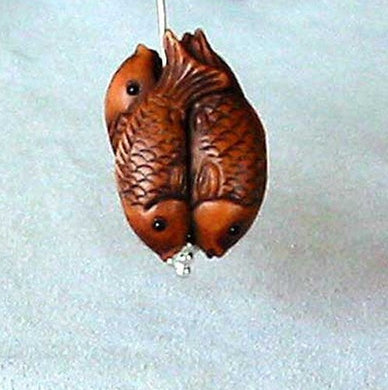 Pisces Hand Carved & Signed Boxwood Fish Ojime/Netsuke Bead | 22x15x10mm | Brown - PremiumBead Primary Image 1