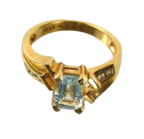 Natural Aquamarine & Diamond Solid 10Kt Yellow Gold Art Deco Ring Size 6 9982G