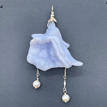 Load image into Gallery viewer, Blue Chalcedony Druzy Carved Flower Sterling Silver Pendant | 2 1/2&quot; Long| Blue|

