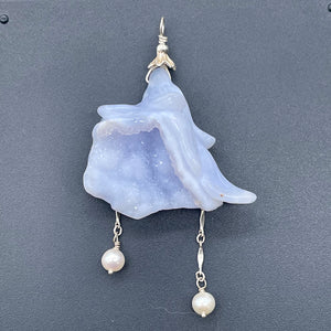 Blue Chalcedony Druzy Carved Flower Sterling Silver Pendant | 2 1/2" Long| Blue|