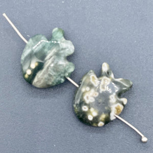2 Hand Carved Ocean Jasper Fish Beads | 24x20x5mm-17x18x7mm | Green and Grey