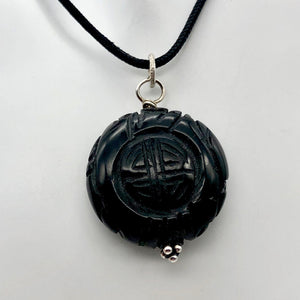 Carved Long Life Obsidian Coin Bead Sterling Silver Pendant - PremiumBead Primary Image 1