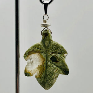 Ryolite Rain Tree Jasper Sterling Silver Leaf Pendant|2" Long |Green | 1 Pendant