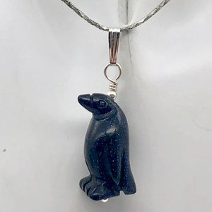 Blue Gold Stone Hand Carved Penguin & Silver Pendant| 1 3/8" Long| Blue Spark | - PremiumBead Primary Image 1