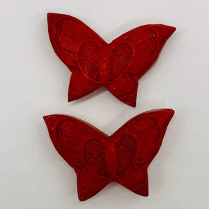1 Carved Red Cinnabar Butterfly Bead | 34.5x23x7mm | Red