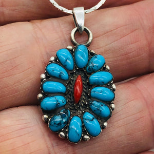 Turquoise Coral Sterling Silver Blossom Pendant | 1 1/4" Long | Blue/Red |