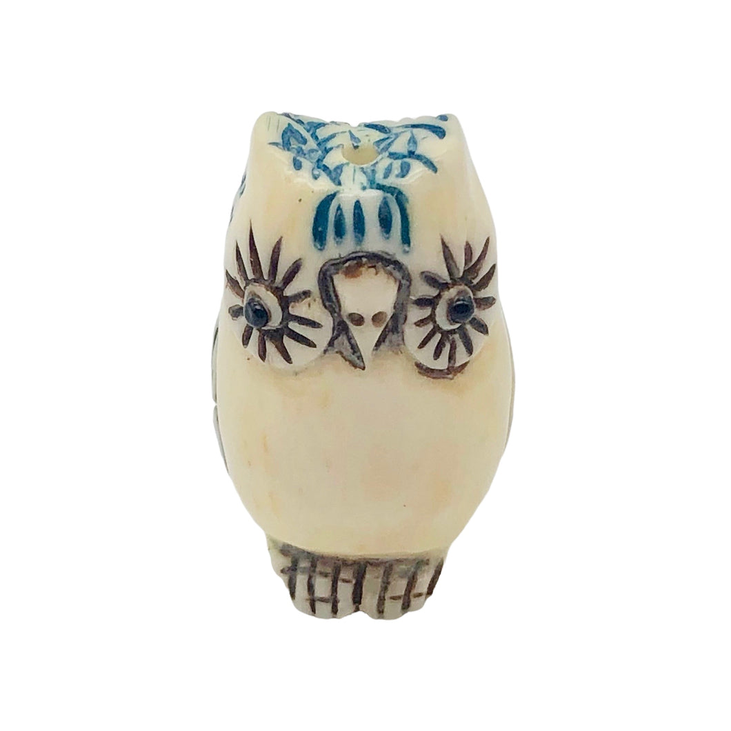Wise Owl Carved Bone 25x15x10mm Bead 10746 | 25x15x10mm | Cream, Blue and Black