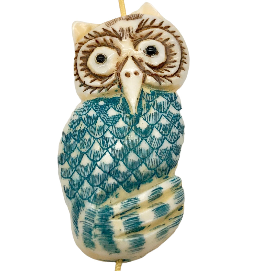 Wisdom Carved Bone 49x23x8mm Owl Bead 10583 | 49x23x8mm | Cream, Blue and Brown