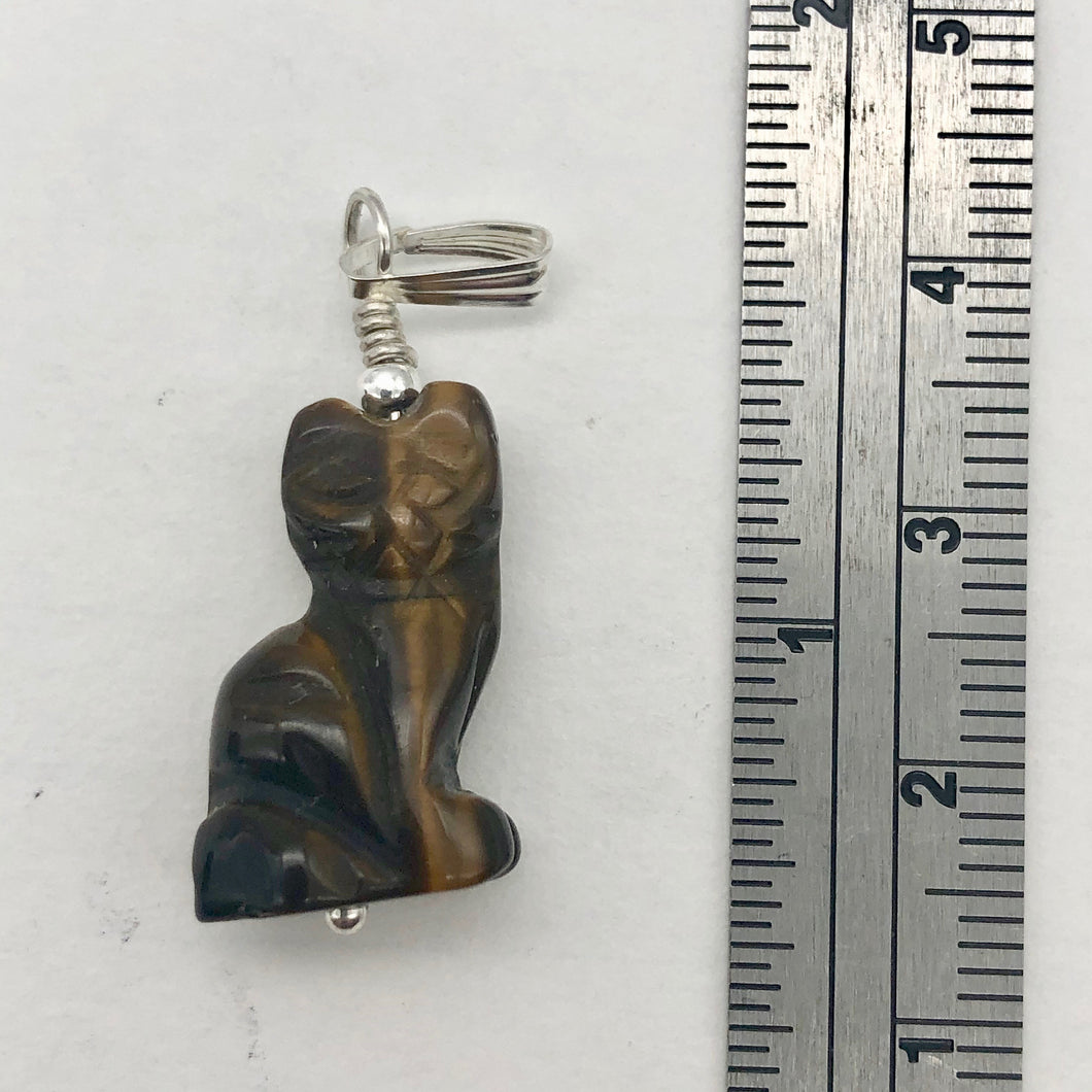 Adorable! Hand Carved Tigereye Cat Sterling Silver Pendant - PremiumBead Primary Image 1