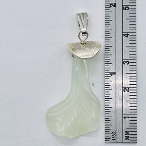 New Jade Serpentine Flower Sterling Silver Pendant | 1 3/4" Long| Pale Green | 1