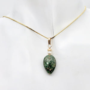 Rare Ruby Fuchsite and Pearl 14K Gold Filled Pendant | 18x12x5mm | 1 1/4" Long |