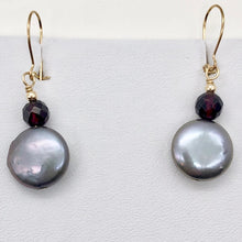 Load image into Gallery viewer, Platinum Freshwater Coin Pearl and Garnet 14kgf Dangling Earrings | 1 3/8 Inch |
