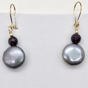 Platinum Freshwater Coin Pearl and Garnet 14kgf Dangling Earrings | 1 3/8 Inch |