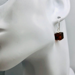Amber Sterling Silver Cube Bead Earrings | 1 1/2" Long | Red | 1 Pair |