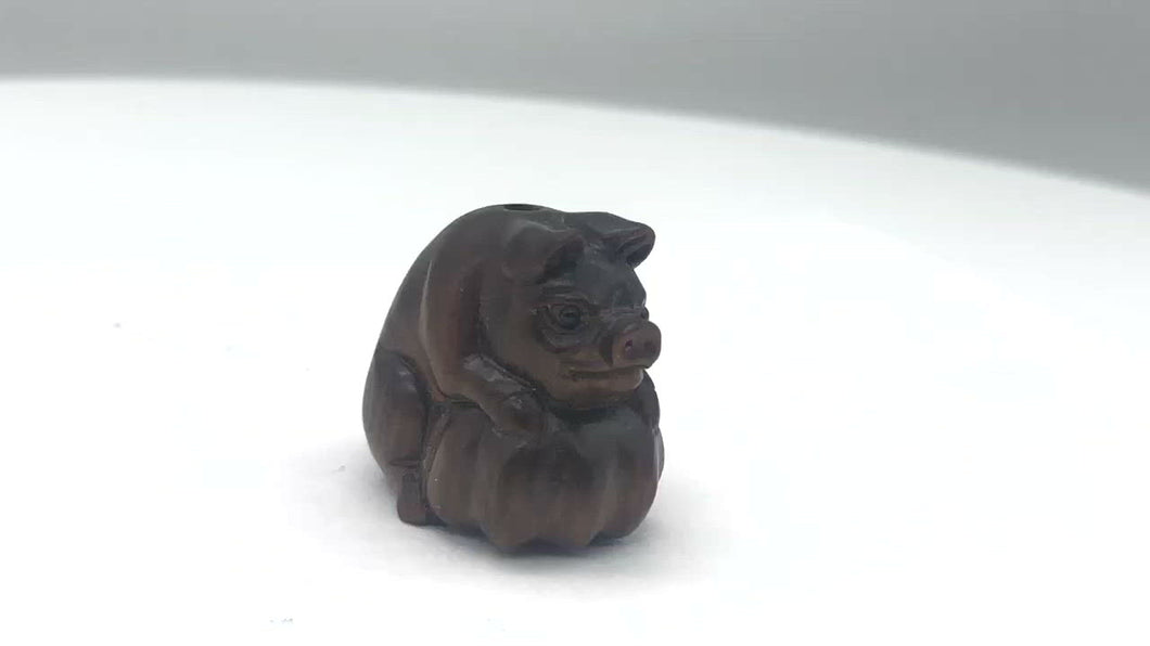 Intricately Carved Mom Pig Teak Ojime Netsuke Bead