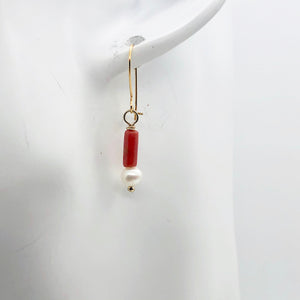 14Kgf Red Coral and Fresh Water Pearl Earrings | 1 Inch Long | - PremiumBead Alternate Image 6