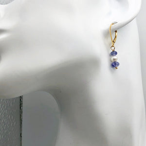 14K Gold Filled Tanzanite and Fresh Water Pearl Earrings | 1 1/4 Inch Long |
