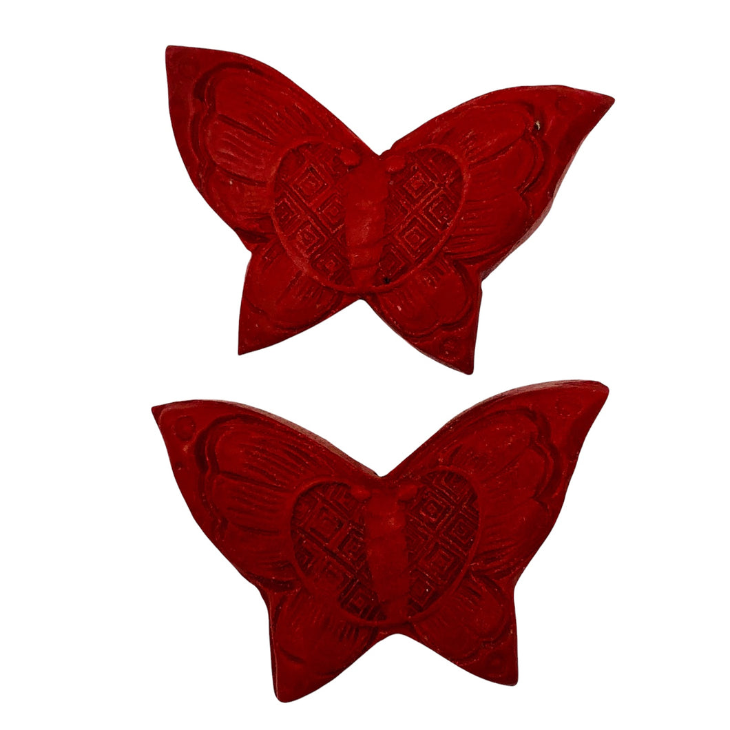 Cinnabar Carved Butterfly Beads | 25x17x11mm | Red | 2 Beads |