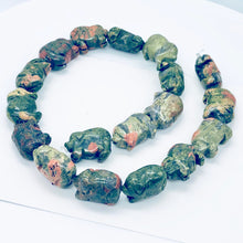 Load image into Gallery viewer, Piggies Hand Carved Unakite Pig Bead Strand | 23x16x11mm | Green with Pink
