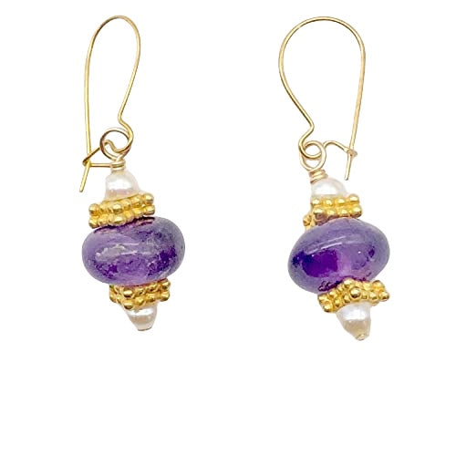 Amethyst Roundel and Pearl 14K Gold Filled Drop Earrings| 1 1/4