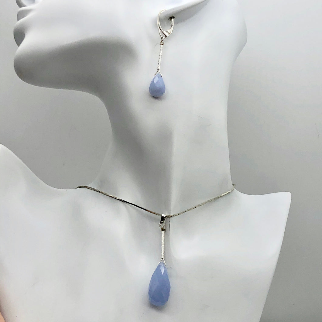 Blue Chalcedony Designer Sterling Silver Pendant and Earrings Jewelry Set