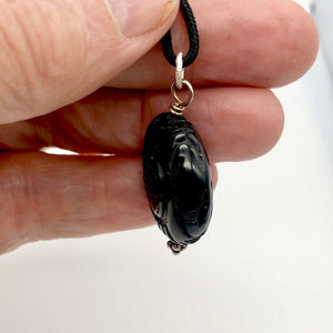 Carved Long Life Obsidian Coin Bead Sterling Silver Pendant - PremiumBead Alternate Image 2