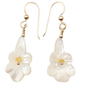 Shimmer! Carved Mother of Pearl Flower Earrings w/Yellow Sapphire Center 14Kgf