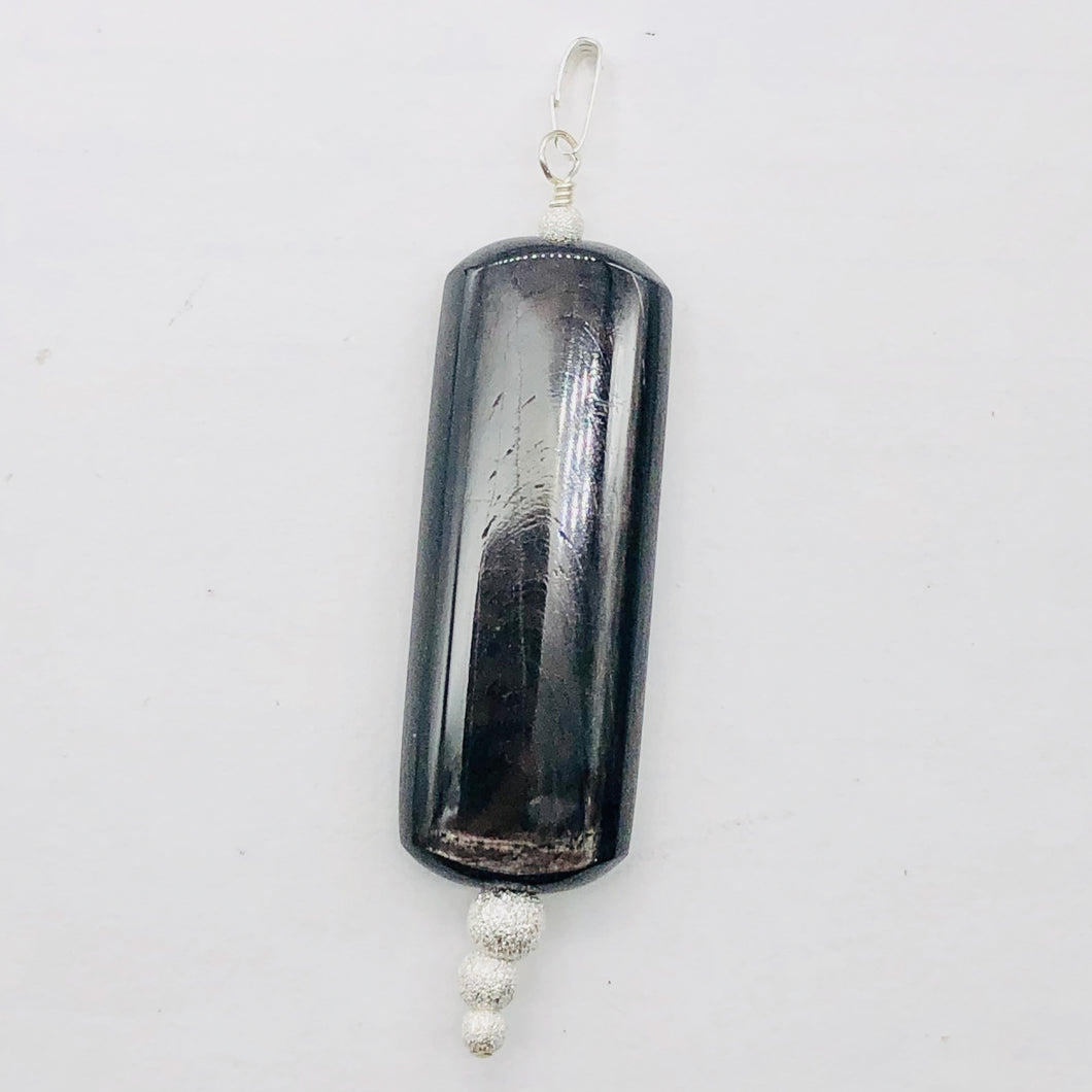 Hypersthene, Flat Rounded Rectangle Dangle Pendant| 2 1/2 ' Long | Black/Silver|