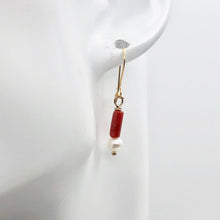 Load image into Gallery viewer, 14Kgf Red Coral and Fresh Water Pearl Earrings | 1 Inch Long | - PremiumBead Alternate Image 4
