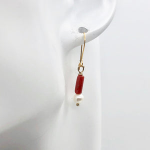 14Kgf Red Coral and Fresh Water Pearl Earrings | 1 Inch Long | - PremiumBead Alternate Image 4