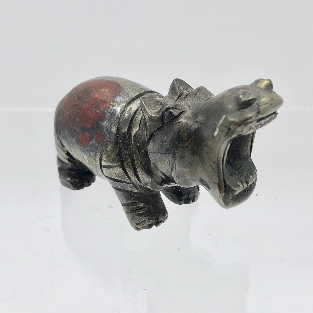 Hematite and Jasper Hippopotamus Figurine | 60x38x24mm | Graphite/Red | 89.9g - PremiumBead Primary Image 1