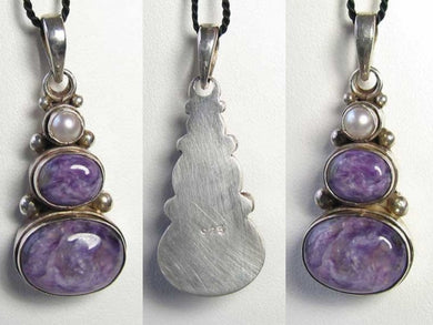 Goddess Charoite, Cream Freshwater Pearl & Sterling Silver Pendant 10385 - PremiumBead Primary Image 1