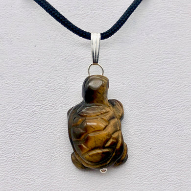 Adorable Tigereye Carved Turtle Sterling Silver Pendant | 1.25