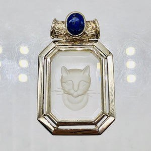 Lapis and Cat Etched Quartz Sterling Silver Pendant | 1 3/4" Long | Blue/Clear |
