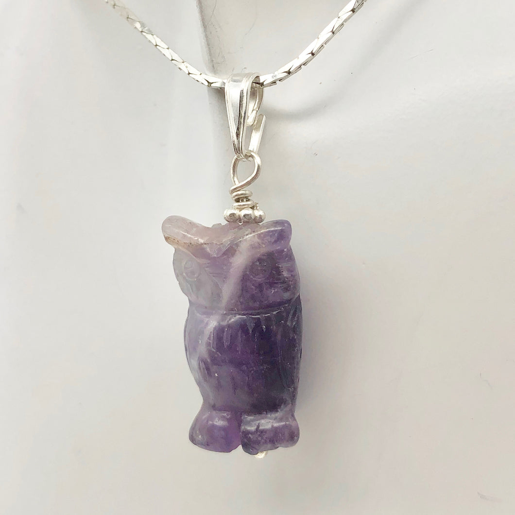 Amethyst Hand Carved Hooting Owl & Sterling Silver 1 3/8