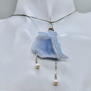 Blue Chalcedony Druzy Carved Flower Sterling Silver Pendant | 2 1/2" Long| Blue|