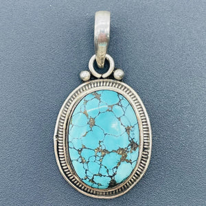 Turquoise Sterling Silver Native Oval Pendant | 1 3/4" Long | Blue/Black | 1 |